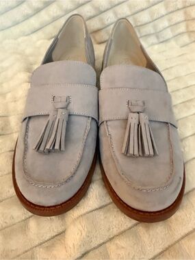 Franco Sarto Light Gray/Blue Suede Tassel Loafers with Brown Sole